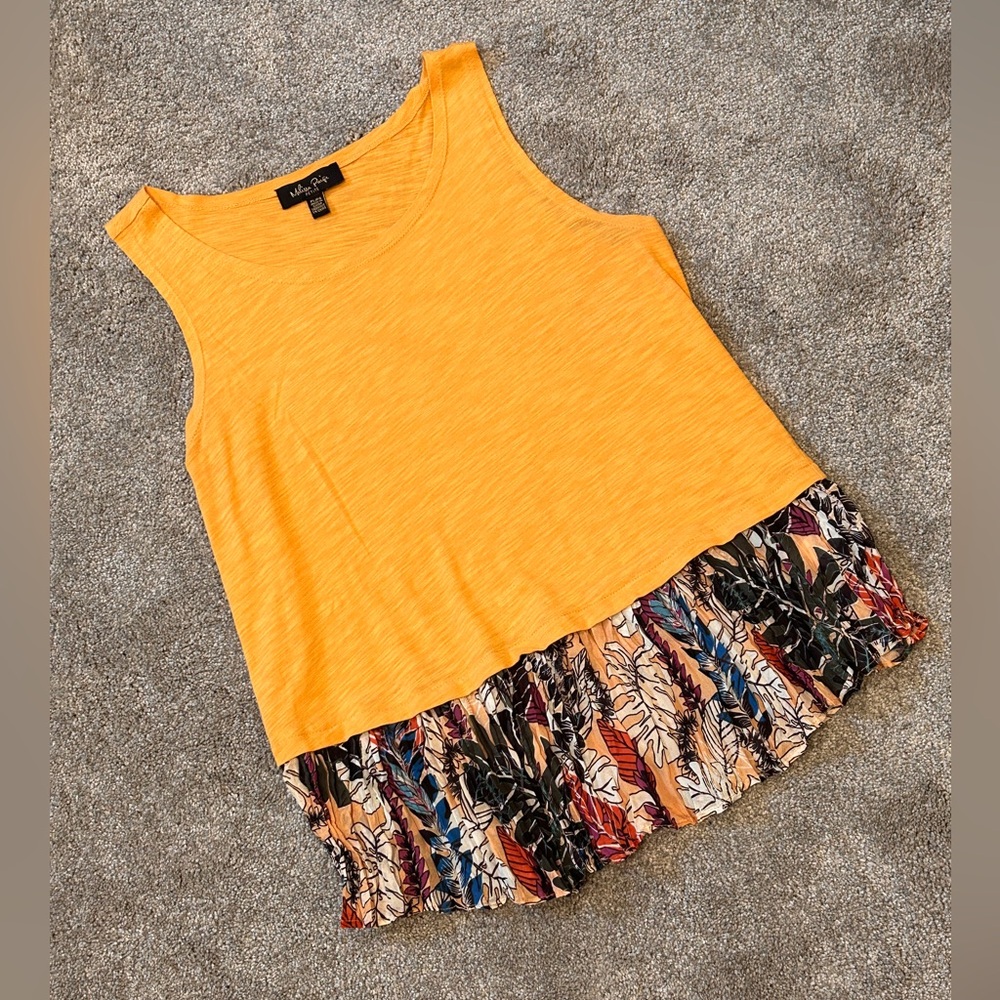 Melissa Paige Bohemian Crepe Accordion Pleat Sleeveless Top Yellow Petite Lg